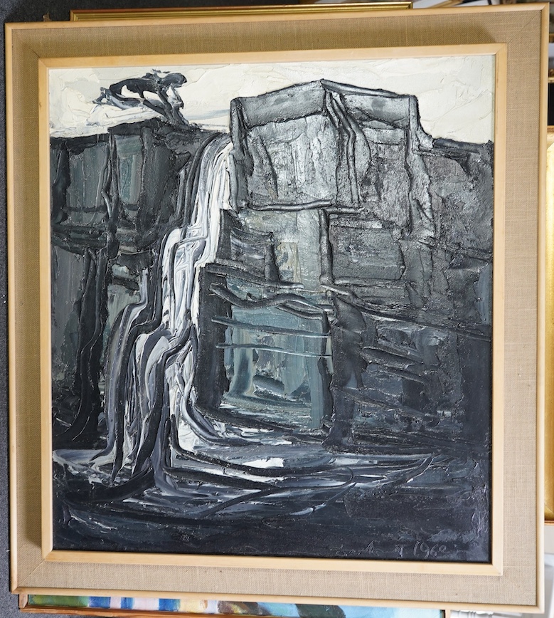 David Smith (British, 1930-1999), Waterfall, North Wales and Foundry scene, oil on board (2), 101 x 92cm and 100 x 125cm